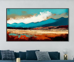 "נוף הרים" הדפס ציור נוף הרים אבסטרקטי בגווני חום טורקיז ותכלת | מסגור ללא עלות | תמונה גדולה לסלון