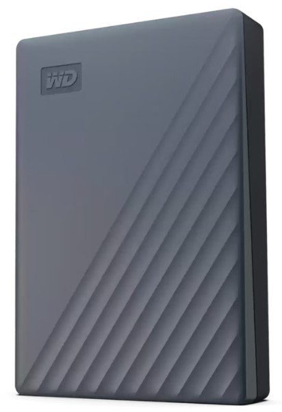 כונן קשיח חיצוני Western Digital WDBRMD0040BGY My Passport 4TB USB-C – פריט בודד בצבע אפור כהה עם טקסטורת פסים אלכסוניים