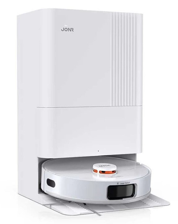 שואב שוטף רובוטי Jonr P20 Pro – רובוט לבן עגול עוגן בתחנת עגינה לבנה