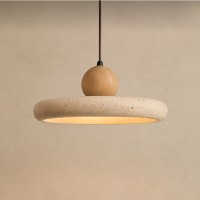 מנורת תלייה מעוצבת מאבן טבעית טרוורטין ועץ דגם RingNatur-ראשית