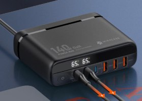 מטען קיר עוצמתי עם 6 יציאות Miracase MWC140W GaN 140W – מטען שחור עם צג דיגיטלי מואר המציג חלוקת הספק טעינה מהירה לשני