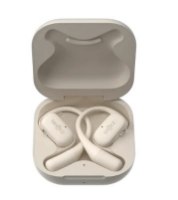 אוזניות אלחוטיות צבע בז' Shokz OpenFit Open-Ear – מארז טעינה פתוח בצבע בז ובו שתי אוזניות אלחוטיות עמידה למים