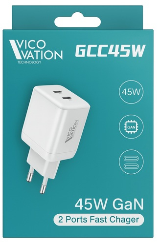 מטען קיר בטכנולוגיית GaN בחיבור כפול USB Type-C 45W תוצרת VicoVation