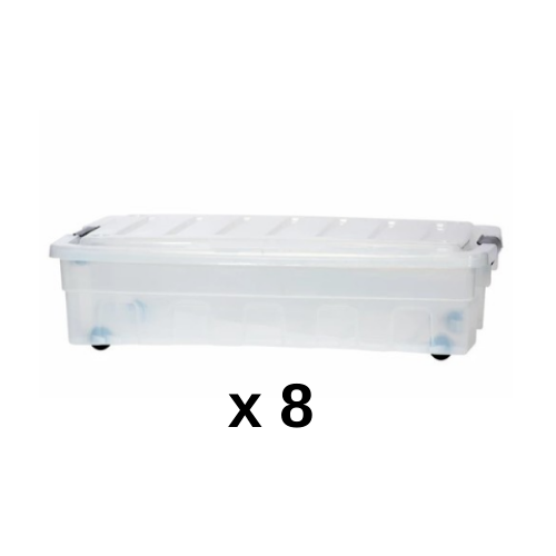חבילת ארגזי אחסון | 8 יחידות של ארגז אחסון 60 ליטר נמוך | פלסטיק איכותי עם סגירה וגלגלים