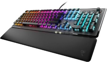 מקלדת גיימינג מכנית מוארת צבע שחור Turtle Beach Vulcan II Red-S – שחורה מוארת ב-RGB ומשענת יד מוצגת על רקע