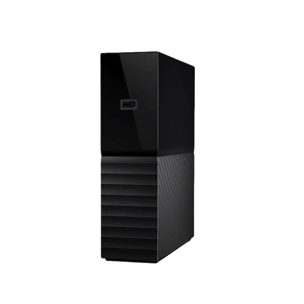 כונן קשיח חיצוני Western Digital My Book New 3 Essential 8T – USB מכשיר שחור עומד באלכסון בעל גימור משולב מבריק