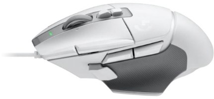 עכבר גיימינג חוטי Logitech G502 X – עכבר לבן במבט צד, גלגלת, כפתורים, אחיזה אפורה וכבל.