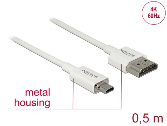 כבל מסך Delock Slim Cable High Speed HDMI Ethernet HDMI To Micro HDMI 3D 4K 0.5 m