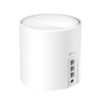 מגדיל טווח (3 באריזה) Tp-Link Deco X50 AX3000 WiFi 6 – פריט בודד לבן גלילי מציג חיבורי רשת וחשמל מאחוריו אלחוטית