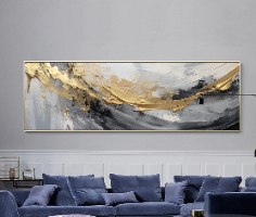 תמונת קנבס לרוחב הדפס ציור אבסטרקט בצבעי שחור זהב ואפור| תמונה לסלון או חדר השינה מוזהב "מגע הזהב"