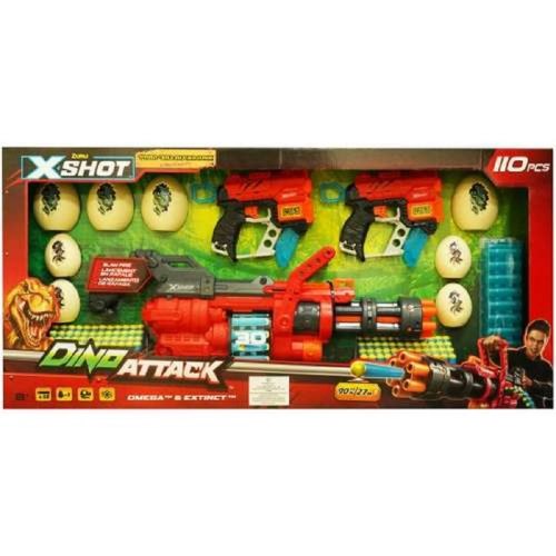 מארז Dino Attack הכולל רובה שיורה למרחק 27 מטרים, שני אקדחים, 98 חיצים ומטרות ביצה
