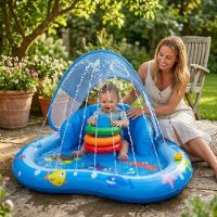 משטח פארק מים התפתחותי AquaPlay לתינוקות משולב ממטרה, משענת תומכת וגגון צל UPF50+