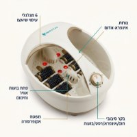 אמבט עיסוי בעל 6 גלילי עיסוי וחימום Medics Care MC-685 – אמבט רגליים קרמי עם גלגלות אורות אדומים וטקסט המפרט תכונות