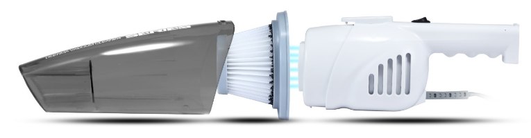 שואב אבק קומפקטי Deerma DX118C – מיכל האבק השקוף הפילטר ויחידת המנוע של השואב מוצגים מפורקים