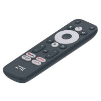 סטרימר Zte ZXV10 B866V2K 2/32G 4K – שלט רחוק אפור כהה עם כפתורים ולוגו ZTE מונח על רקע לבן
