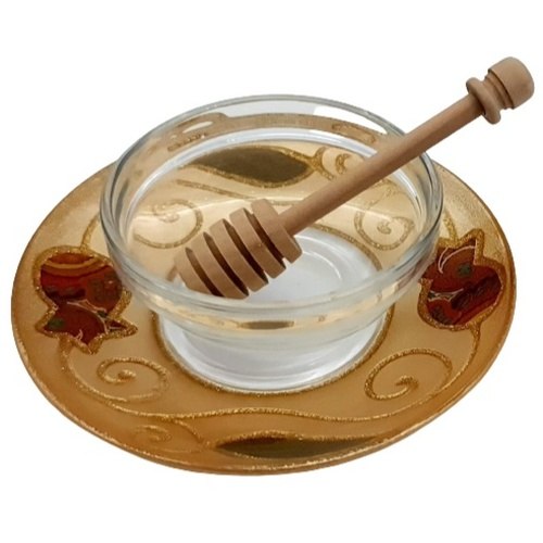 כלי לדבש מזכוכית רימון בורדו מהודר עבודת יד + רודה דבש עץ