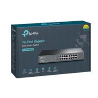 מתג חכם TP-Link 16 Ports Gigabit TL-SG1016DE Easy – אריזה בצבע אפור-כחלחל של המתג עם תמונה של המכשיר בחזית