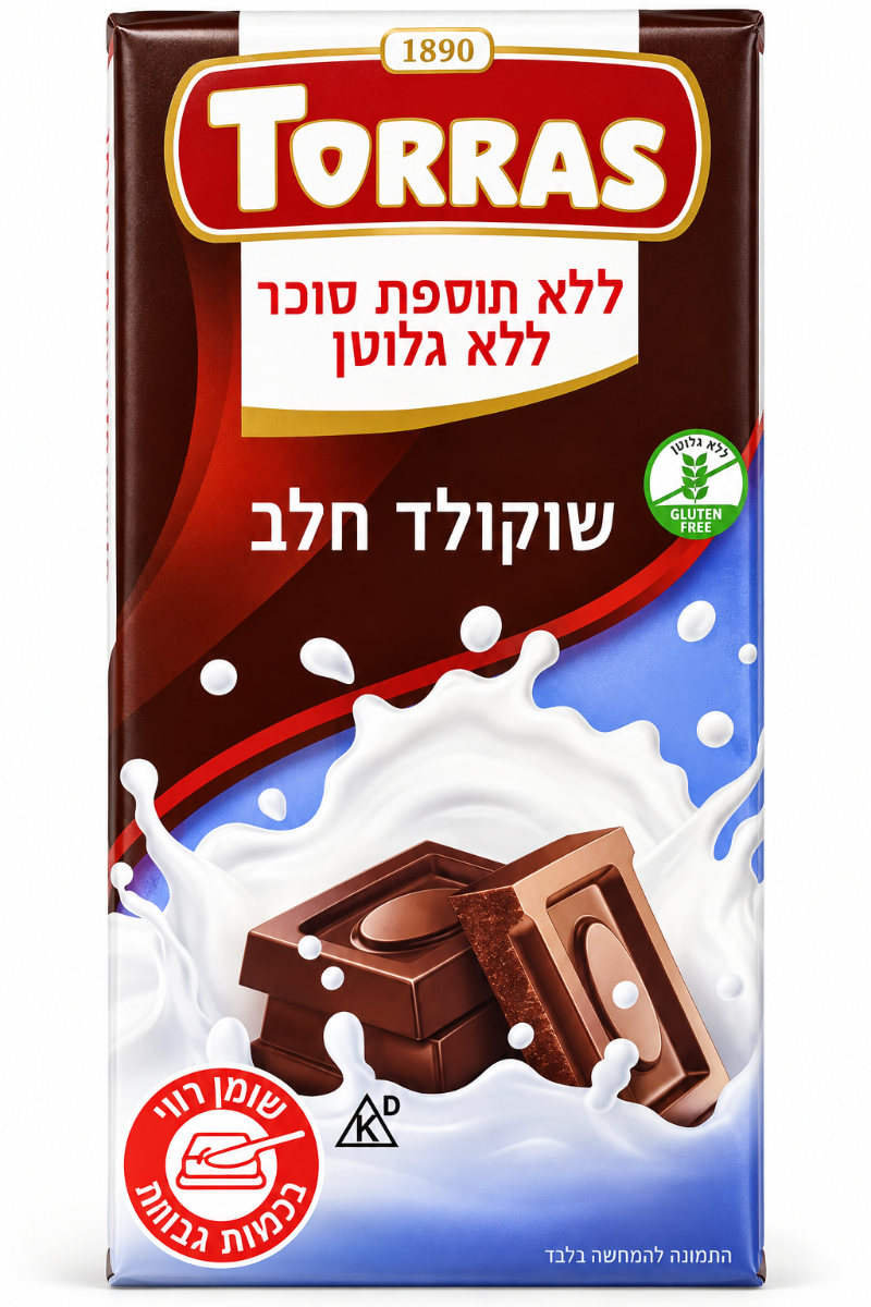 שוקולד חלב ללא תוספת סוכר וללא גלוטן 75 גרם - Torras