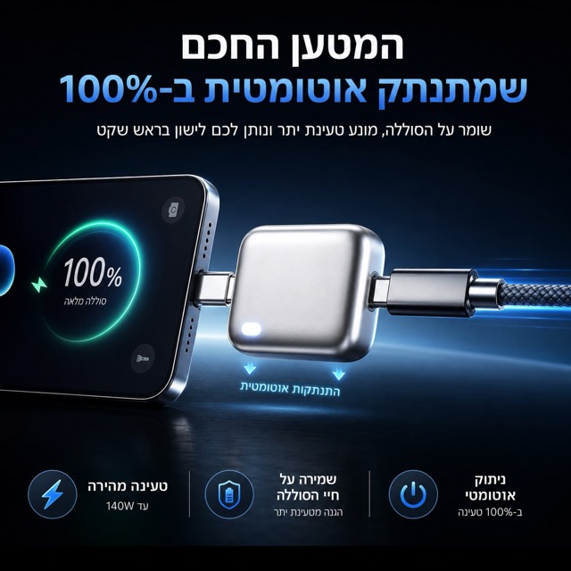 המטען החכם ChargerPro Type-C מתנתק אוטומטית ב-100%