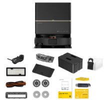 שואב שוטף רובוטי עם תחנת ריקון Deerma X80 Ultra – הרובוט השחור ותחנתו מוצגים לצד מגוון אביזרים נלווים בפריסה