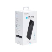 מפצל Tp-Link UH720 USB 3.0 7-Port – אלחוטי קופסת המוצר הלבנה עם תמונה של המפצל השחור מפרט טכני