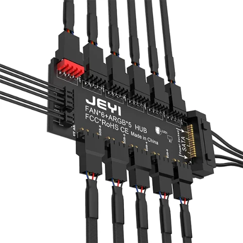 מפצל ל-5 מאווררים ותאורה למארז גיימינג JEYI 4Pin PWM & 5V 3Pin ARGB with SATA 15Pin Power 5 Way