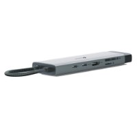 מפצל Tp-Link UH9120C USB Type-C 9-in-1 – מפצל אפור בודד עם כבל קלוע בצד אחד המציג חיבורי USB HDMI וחריצי זיכרון