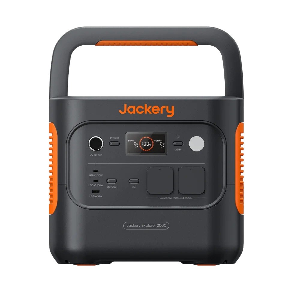 תחנת כוח ניידת Jackery Explorer 2000 V2 2042Wh 2200W – טעינה מהירה אפורה וכתמה עם פאנל קדמי הכולל מסך דיגיטלי