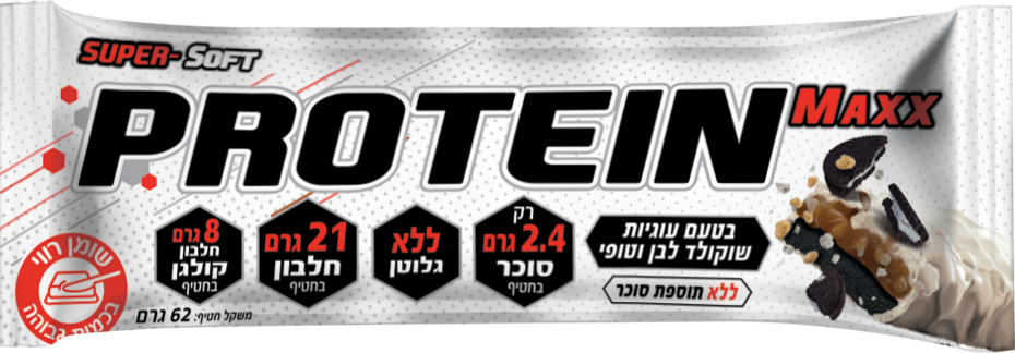חטיף חלבון בטעם עוגיות שוקולד לבן וטופי ללא גלוטן וללא תוספת סוכר 62 גרם - פרוטאין מקס