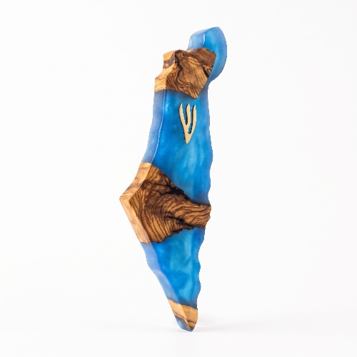 Mezuzá de 20 cm “Mi Israel” – madera de olivo y azul