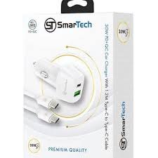 מטען לרכב Smartech 30W עם PD + QC וכבל Type-C 1.2 מטר – טעינה מהירה ואיכות פרימיום