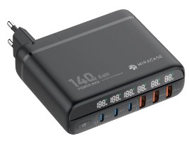 מטען קיר עוצמתי עם 6 יציאות Miracase MWC140W GaN 140W – USB-C מכשיר שחור עם תקע תצוגה דיגיטלית ושישה חיבורי USB