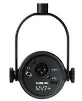 מיקרופון גיימינג דינמי +Shure MV7 – המיקרופון השחור במבט אחורי מציג חיבורי אוזניות XLR ו-USB-C