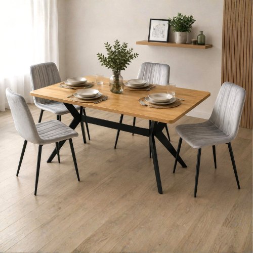 פינת אוכל 140X80 ס"מ פלטת MDF דגם סלסט, כולל 4 כיסאות קטיפה דגם וינו בגוון אפור בהיר| אלגנט אונליין