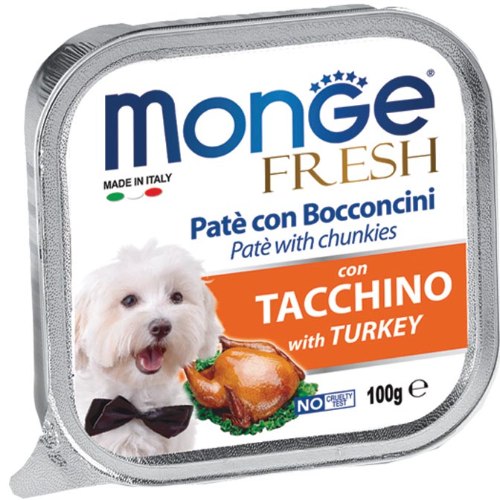 שימורי מעדן מזון רטוב לכלבים מונג פטה נתחי הודו 100 גרם - MONGE FRESH PATE TURKEY 100G