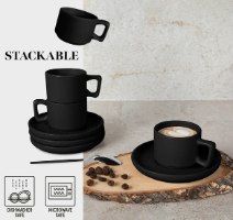 סט כוסות אספרסו וצלוחיות 8 חלקים Berlinger Haus BH10019A Stoneware – כוסות וצלוחיות שחורות מט בערימה אחת עם קפה