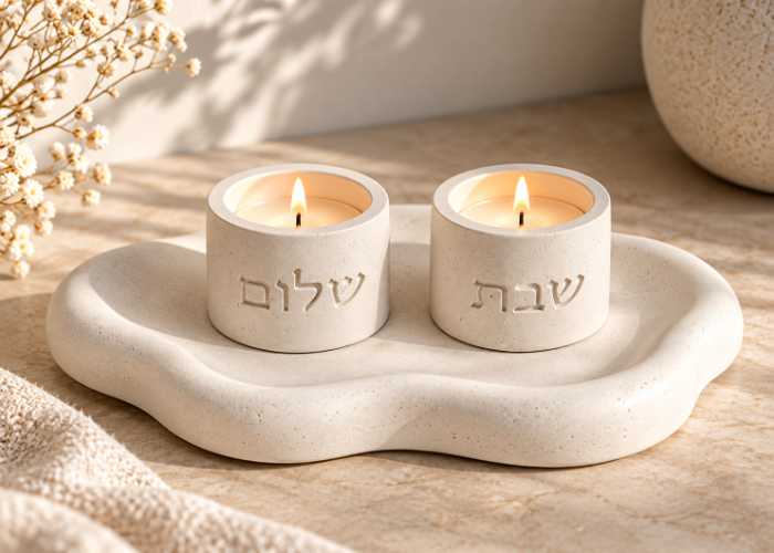 סט פמוטי "שבת שלום” עם מגש אמורפי – בטון פולימרי