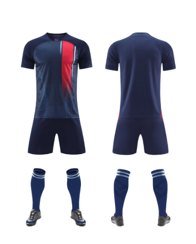 תלבושת כדורגל צבע כחול אדום דמוי פאריס (לוגו+ספונסר שלכם)