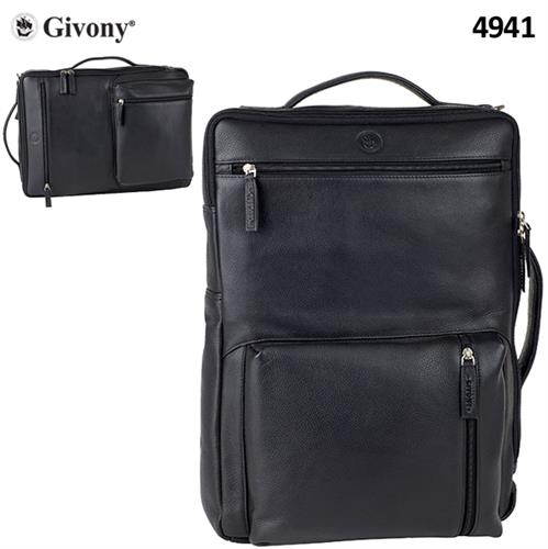 תיק גב עור איכותי ללטפטופ מבית GIVONY גבעוני 41x31x13סמ שחור עם ידיות משני הכיוונים +רצועת טרולי מתאים למחשב נייד עד 17.3" GV-4941
