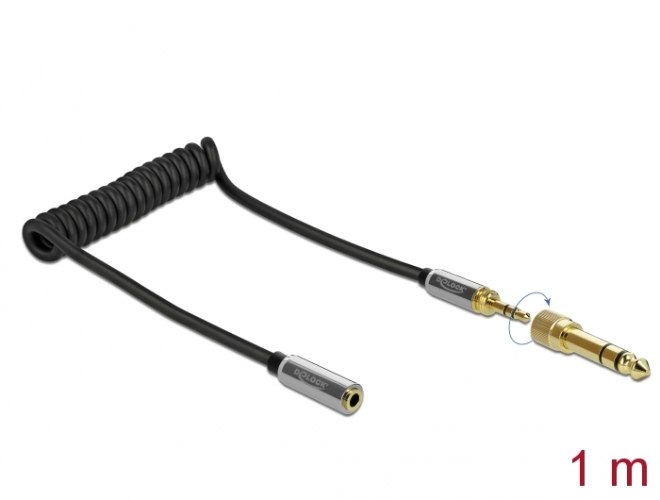 כבל מאריך אודיו מסולסל Delock Extension Coiled Cable 3.5 mm 3 pin with screw adapter 6.35 mm 1 m