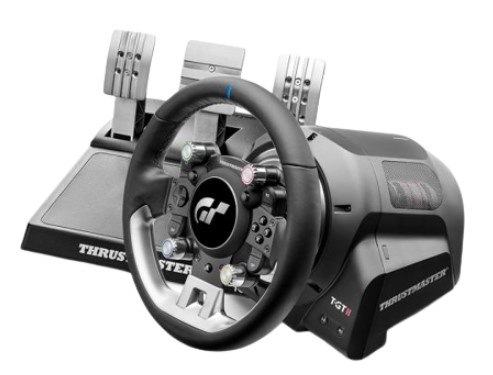 הגה מירוצים עם דוושות Thrustmaster T-GTII Gran Turismo PS/PC – המכשיר בגווני שחור ואפור מוצג על רקע לבן