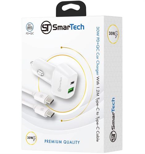 מטען רכב PD+USB 30W עם כבל טייפ-סי לטייפ-סי - דגם STCC30W מבית SmarTech - טעינה מהירה ובטוחה בדרכים