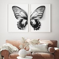 "Monochrome Butterfly" סט זוג תמונה מחולקת של כנפי פרפר מונוכרום שחור לבן|קנבס מוסגר מוכן לתליה