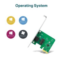 כרטיס רשת קווי Tp-Link TG-3468 Gigabit PCI Express – פריט בודד של הכרטיס מוצג עם איורים לתאימות למערכות הפעלה חוטי
