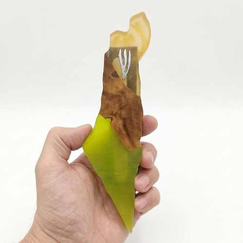 Porta Mezuzá "Tierra de Israel" – Madera de Olivo y Epoxi Verde
