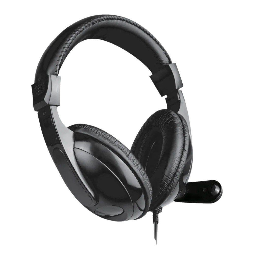 אוזניות עם מיקרופון Silver Line HS-077V – אוזניות שחורות עם מיקרופון מובנה מוצגות בזווית על רקע לבן סינון רעשים