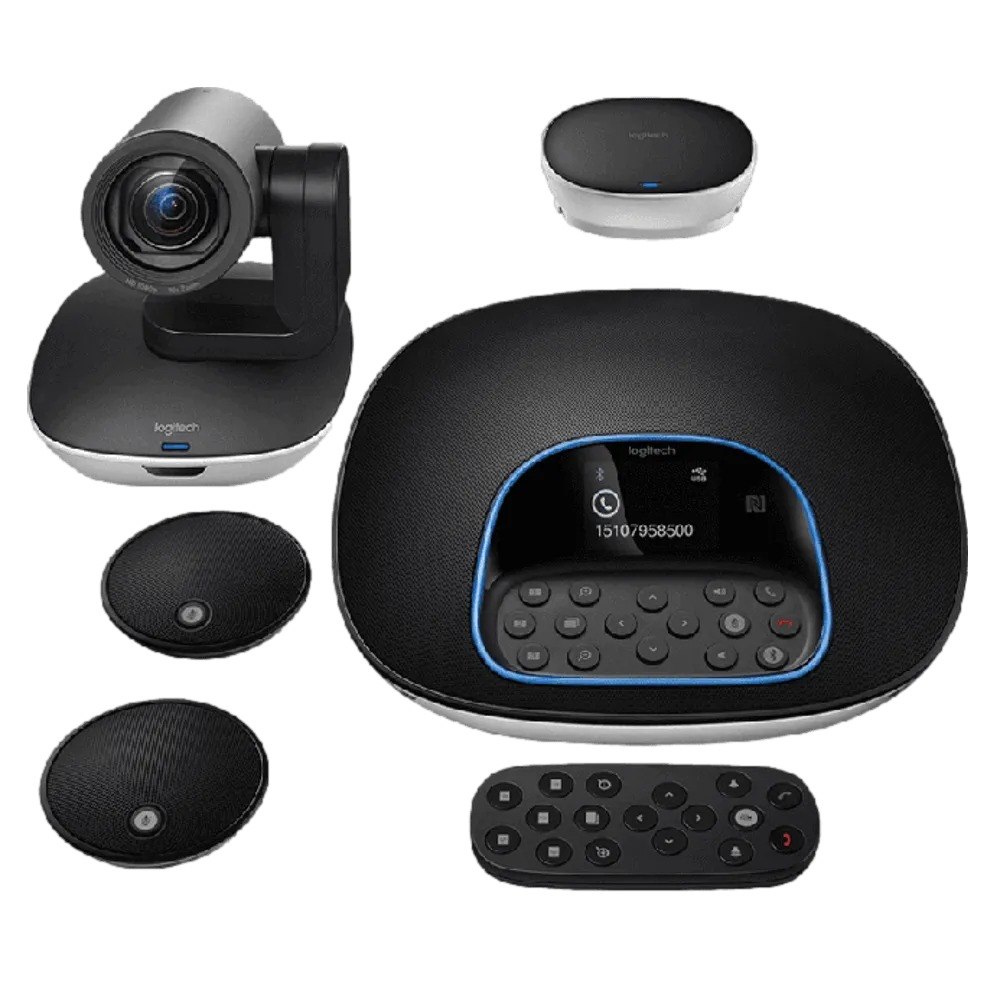 מערכת ועידה Logitech Group – מציגה את רכיבי המערכת בצבע שחור ולבן על רקע לבן USB