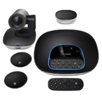 מערכת ועידה Logitech Group – מציגה את רכיבי המערכת בצבע שחור ולבן על רקע לבן USB