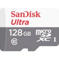 כרטיס זיכרון SanDisk Ultra microSDHC 128GB – פריט בודד לבן ואפור עם כיתובים אדומים ולבנים בחזית
