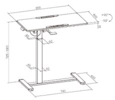 איור כולל מידות שולחן צד מתכוונן מדגם Lumi FMT02-06 עם גלגלים נסתרים.